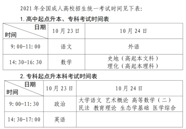 廣東成人高考2021年考試時(shí)間及考試科目