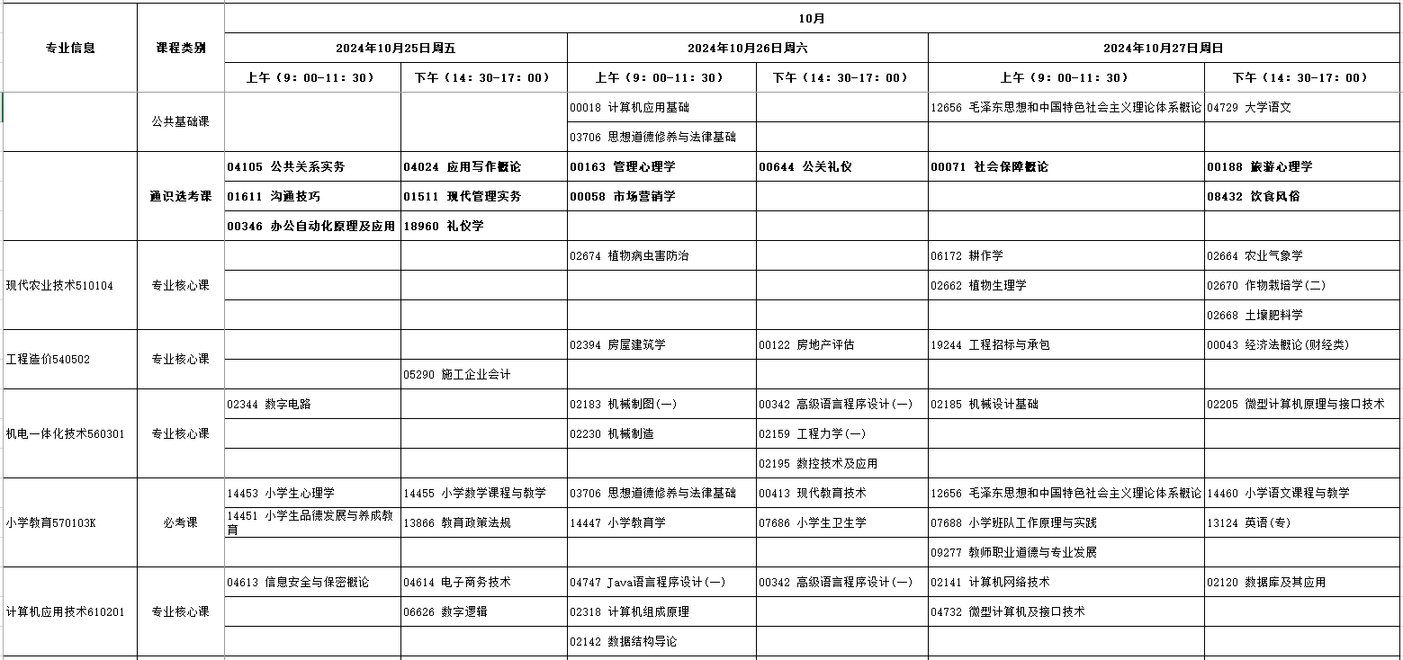 2024湖北10月自考科目考試時(shí)間安排表