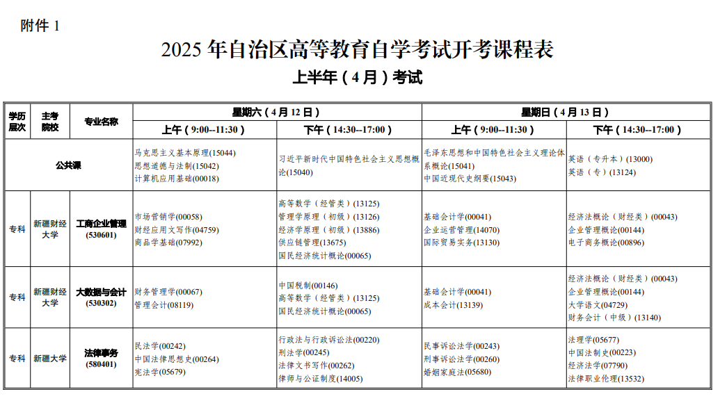 2025年新疆4月自考時(shí)間及科目安排表